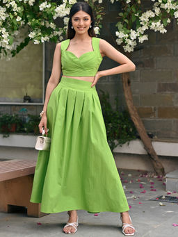 Lavanya The Label - Green Cotton Relaxed Fit Solid/Plain Crop Top With Skirt