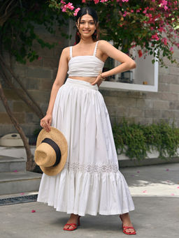 Lavanya The Label - White Cotton Fitted Fit Solid/Plain Crop Top With Skirt