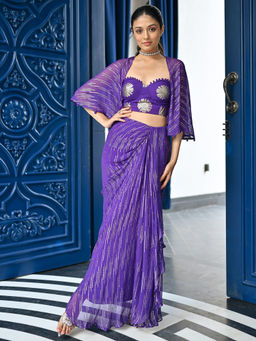 Lavanya The Label - Purple Georgette Comfortable Fit Embellished/Sequined Top With Skirt & Cape