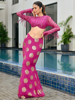 Lavanya The Label - Magenta Georgette Fitted Fit Embellished/Sequined Crop Top With Skirt