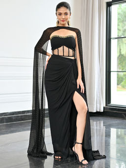 Lavanya The Label - Black Georgette Comfortable Fit Solid/Plain Top With Skirt & Cape