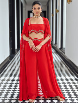 Lavanya The Label - Red Georgette Straight Fit Solid/Plain Top With Palazzo & Cape