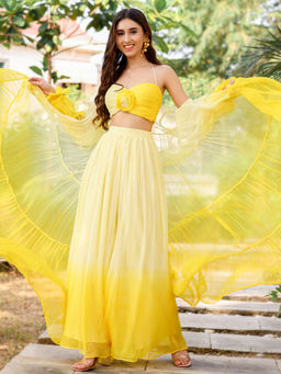 Lavanya The Label - Yellow Georgette Relaxed Fit Printed Top With Skirt & Cape