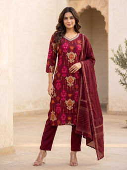 Autumnlane - Maroon Cotton Blend Regular Fit Printed Kurta With Pant & Dupatta
