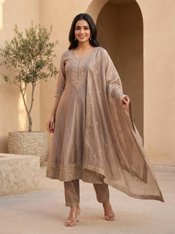 Autumnlane - Beige Chinon Regular Fit Embroidered Kurta With Pant & Dupatta