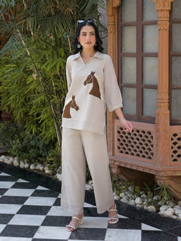 Autumnlane - White Jute Regular Fit Solid/Plain Top With Pant