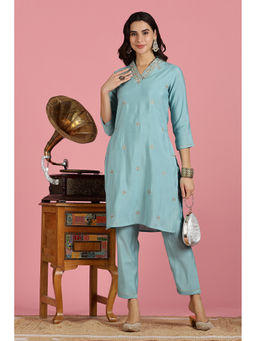 The Suitable - Blue Chanderi Regular Fit Floral Kurta With Pant