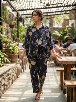 The Suitable - Navy Blue Chanderi Regular Fit Printed Shirt With Pant