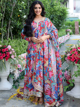 Lavanya The Label - Maroon Georgette Regular Fit Printed Anarkali Kurta With Pant & Dupatta