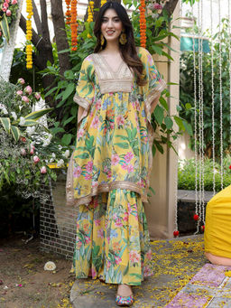 Lavanya The Label - Yellow Georgette Regular Fit Floral Kaftanwith Palazzo