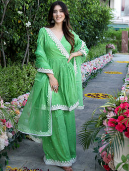 Lavanya The Label - Green Georgette Regular Fit Embroidered Kurta With Palazzo & Dupatta