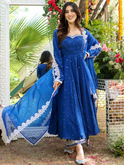 Lavanya The Label - Blue Georgette Regular Fit Embroidered Anarkali Kurta With Pant & Dupatta