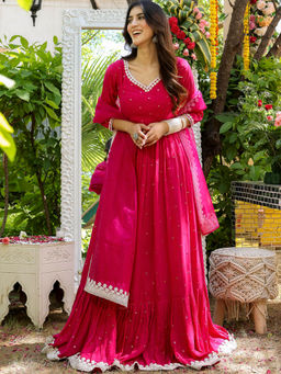 Lavanya The Label - Pink Georgette Regular Fit Embroidered Anarkali Kurta With Pant & Dupatta