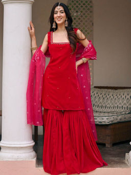 Lavanya The Label - Magenta Velvet Regular Fit Embroidered Kurta With Sharara & Dupatta