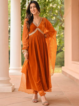 Lavanya The Label - Orange Velvet Regular Fit Solid/Plain Anarkali Kurta With Pant & Dupatta