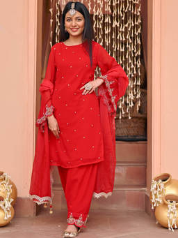 Lavanya The Label - Red Georgette Regular Fit Embroidered Kurta With Salwar & Dupatta