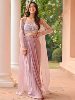 Lavanya The Label - Lavender Georgette Regular Fit Embroidered Crop Top With Cape & Skirt