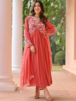 Lavanya The Label - Peach Georgette Flared Fit Embroidered Anarkali Kurta With Pant & Dupatta