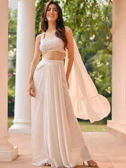 Lavanya The Label - White Georgette Regular Fit Embroidered Top With Attached Dupatta & Skirt
