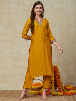 FASHOR - Solid Zari & Sequins Embroidered Kurta with Pants - Yellow (Set of 2)