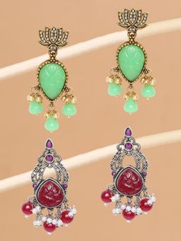 OOMPH - Combo of 2 Oxidised Multi-Color Stones Ethnic Drop Earrings