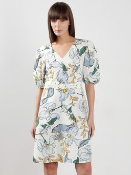 VERO MODA - White Floral Printed Dress with Belt (Set of 2)