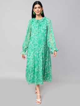 AMAGYAA - Green Floral Print Oversize Solid Tie-Up Neck Tiered Dress