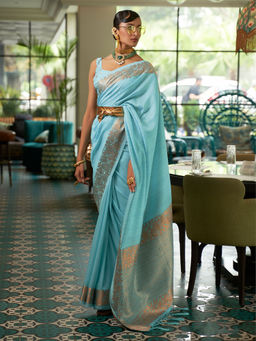 Odette - Festive Blue Silk Blend Woven Saree with Unstitched Blouse