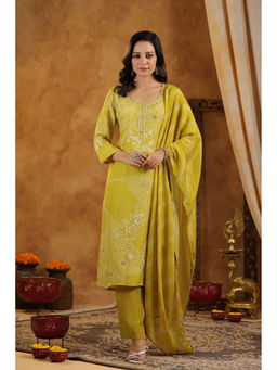 Mahee Jaipur - Yellow Placement Bandhani Muslin Gota Kurta With Pant And Dupatta (Set of 3)