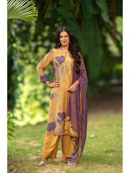 Mahee Jaipur - Yellow Purple Muslin Cut Work Kurta With Pant And Dupatta (Set of 3)