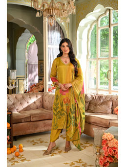 Mahee Jaipur - Yellow Floral Print Sequin Mirror Zari Kurta With Pant And Dupatta (Set of 3)