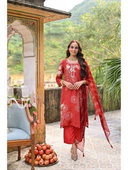 Mahee Jaipur - Red Placement Bandhani Muslin Gota Patti Kurta With Pant And Dupatta (Set of 3)