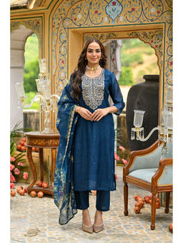 Mahee Jaipur - Navy Blue Patola Chanderi Marodi Kurta With Pant And Dupatta (Set of 3)