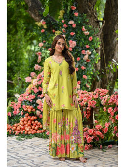 Mahee Jaipur - Green Utsav Floral Print Muslin Sharara With Kurti And Dupatta (Set of 3)