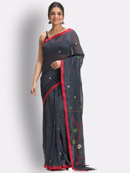 Angoshobha - Ebony Grey Handloom Cotton Jamdani Saree with Unstitched Blouse