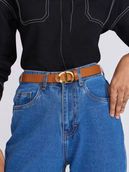 Twenty Dresses by Nykaa Fashion - Tan Classic Gold Metal Buckle Thin Jeans Belt