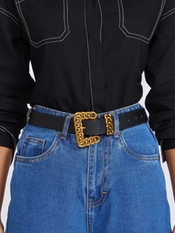 Twenty Dresses by Nykaa Fashion - Black Solid Gold Chain Link Buckle Thin Jeans Belt