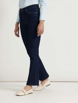 FableStreet - Women Navy Blue Solid Curve Enhancing Bootcut Jeans