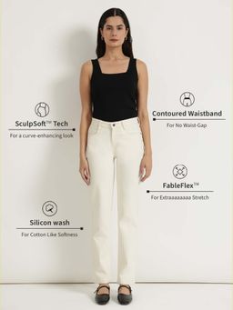 FableStreet - Women Off White Solid Straight Fit Jeans