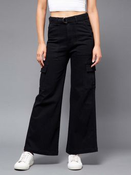 Miss Chase - Women Black Solid Wide Leg Stretchable Denim Jeans with Belt (Set of 2)