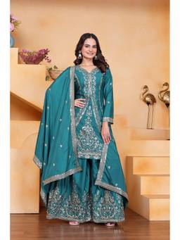 THE52 - Blue Women's Embroidered Natural Crep Straight Kurta with Sharara and Dupatta