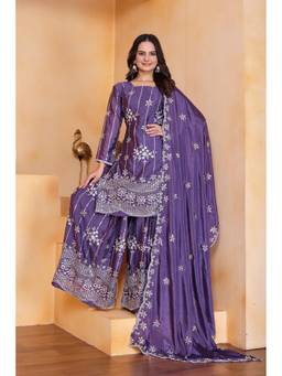 THE52 - Purple Women's Embroidered Chinon Straight Kurta with Sharara and Dupatta