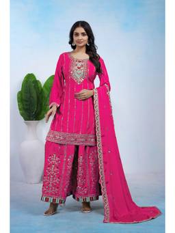 THE52 - Pink Women's Embroidered Chinon Straight Kurta with Sharara and Dupatta