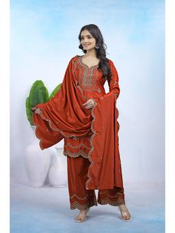 THE52 - Rust Women's Embroidered Natural Crep Straight Kurta with Pant and Dupatta
