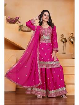 THE52 - Pink Women's Embroidered Chinon Straight Kurta with Sharara and Dupatta