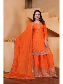 THE52 - Orange Women's Embroidered Chinon Straight Kurta with Sharara and Dupatta