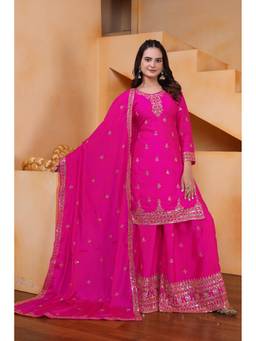 THE52 - Pink Women's Embroidered Chinon Straight Kurta with Sharara and Dupatta