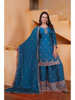 THE52 - Teal Women's Embroidered Chinon Straight Kurta with Sharara and Dupatta