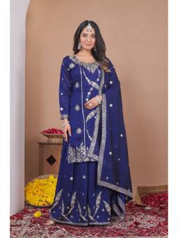 THE52 - Blue Women's Embroidered Vichitra Straight Kurta with Sharara and Dupatta