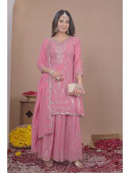 THE52 - Pink Women's Embroidered Fox Georgette Straight Kurta with Sharara and Dupatta